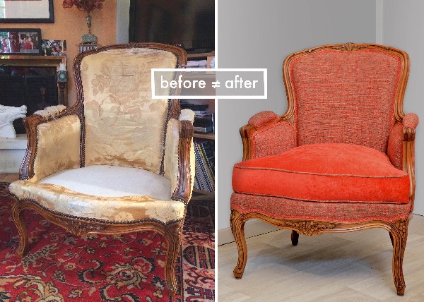 Réfection totale méthode traditionnelle pour une paire de bergère #Louis XV #designersguild #decoration #interiordesign #upholstery #rouge #beforeafter